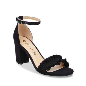 Unisa black ruffle wedge heels